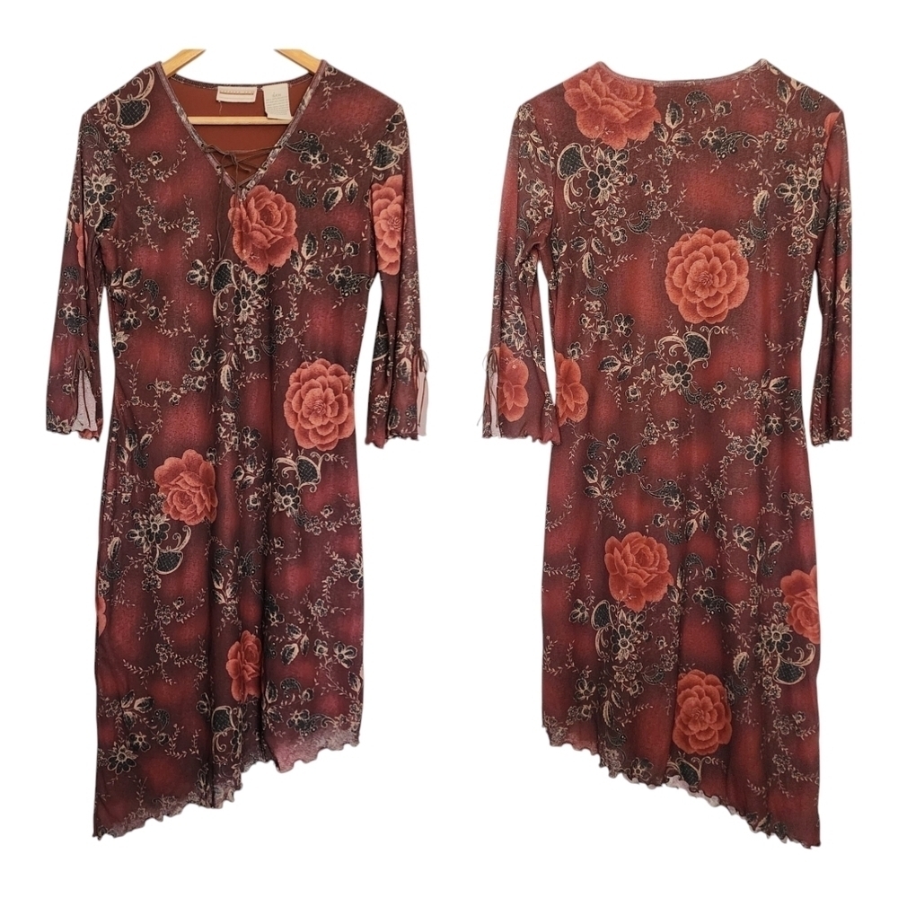 90s Expressions Burgundy Floral Lace-Up Asymmetrical Dress S - Picture 2 of 10